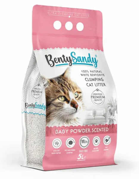 BentySandy Baby Powder наполнитель для кошачьего туалета комкующийся глиняный с ароматом детской присыпки