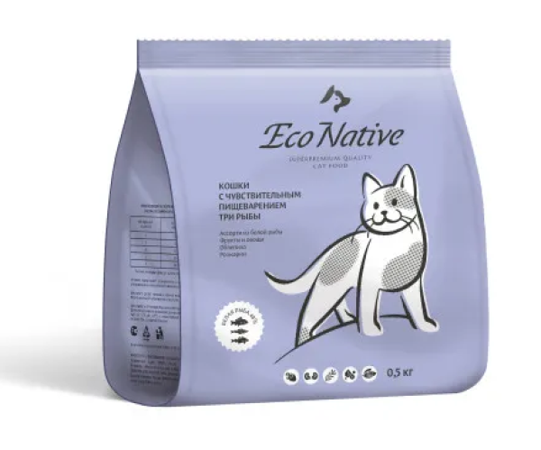 Eco Native сухой корм для взрослых кошек с чувствительным пищеварением с рыбой, овощами и облепихой