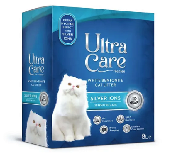 Ultra Care Silver Ions Sensitive гипоаллергенный комкующийся наполнитель для кошачьего туалета с ионами серебра, в двойном картоне